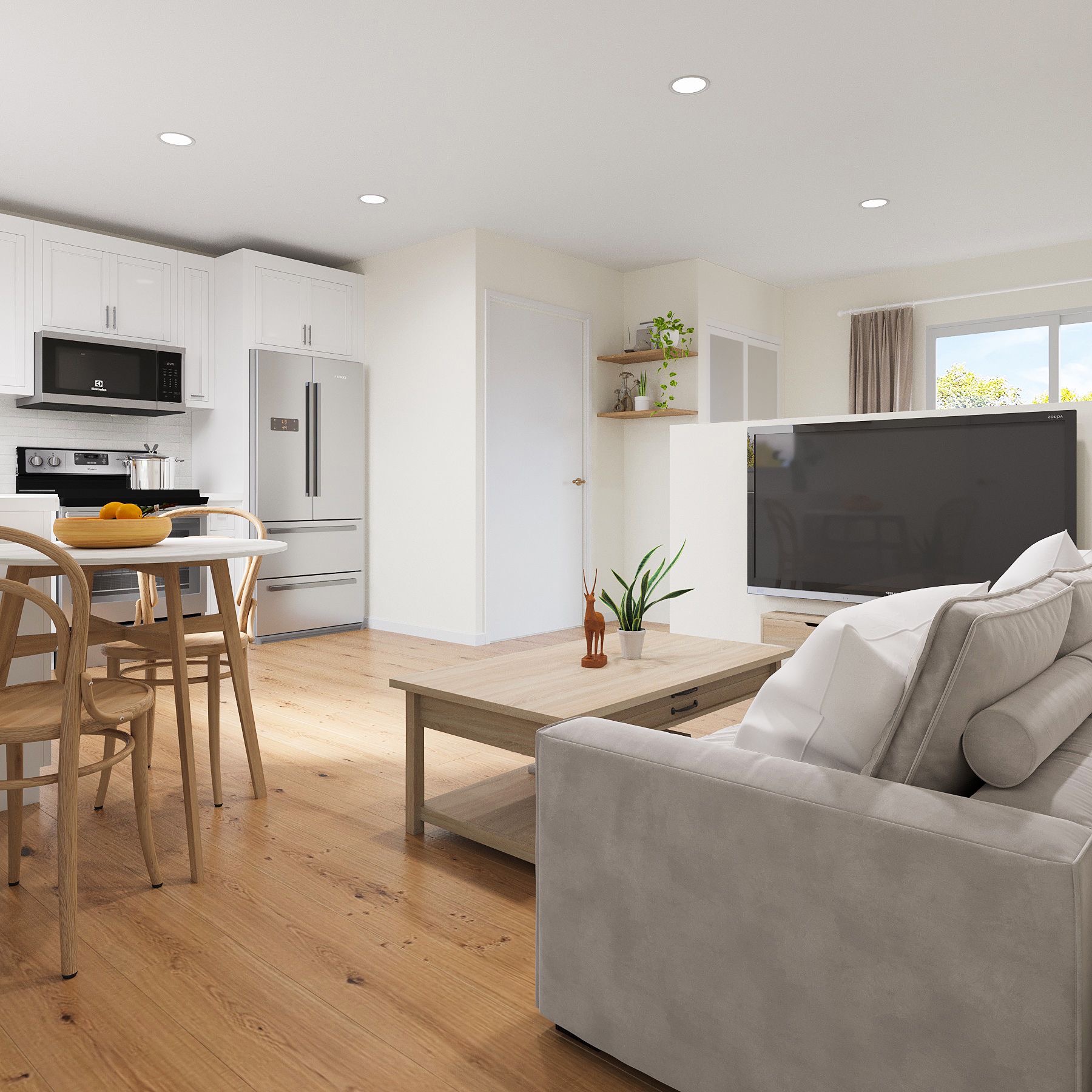 Open-plan living room and kitchen remodel with light wood floors