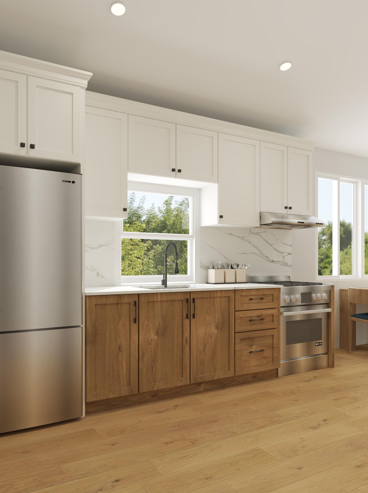 Remodeled kitchen with white upper cabinets, oak lowers and marble backsplash
